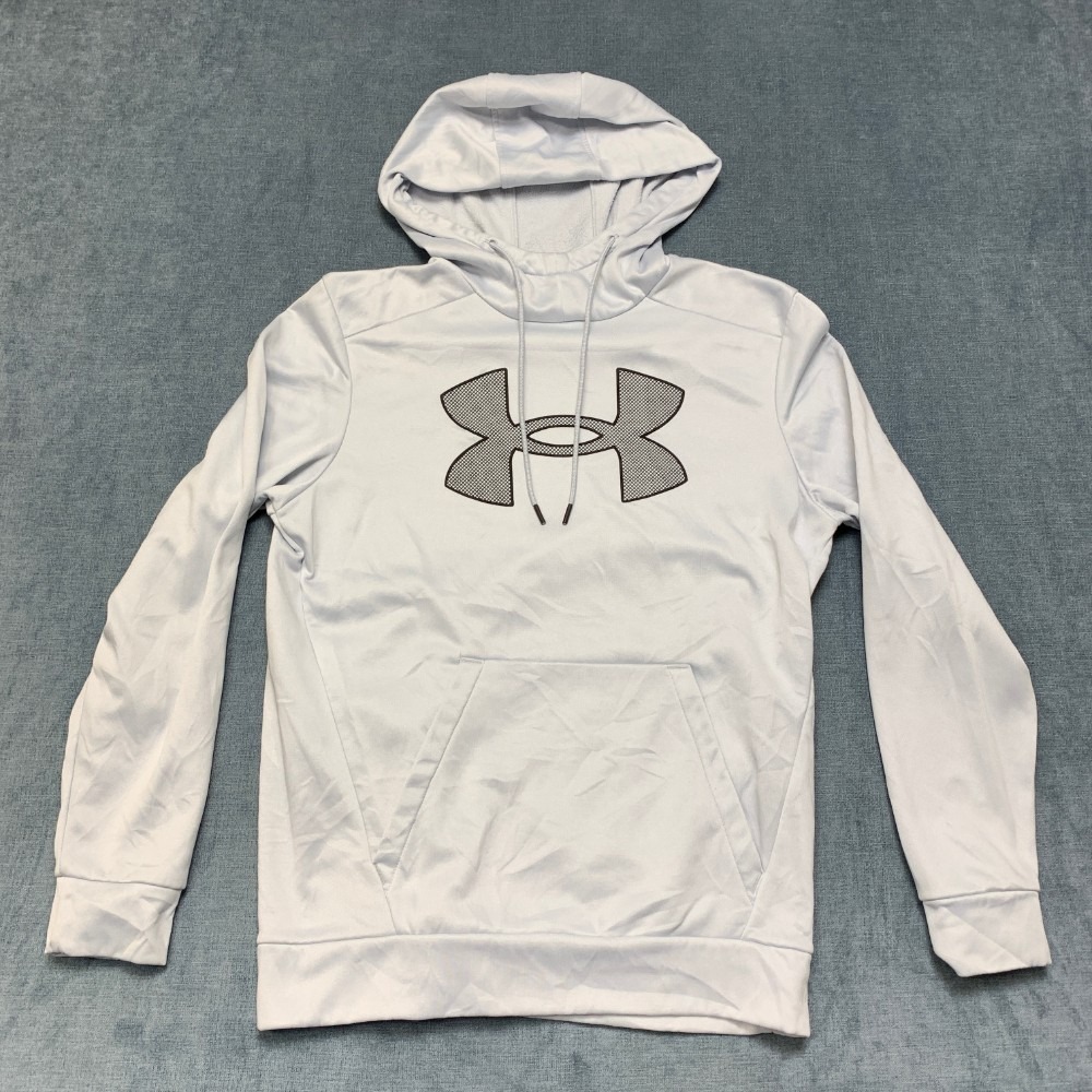 Under Armour Hoodie Mens Small Light Gray Logo Fleece Lined Drawstring Outdoor